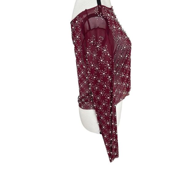 FADED ROSE BURGUNDY LONG SLEEVE MESH PEARL BEADED BLOUSE FADED ROSE  MEDIUM NWT. - Picture 6 of 8